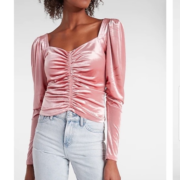 Express Pink Velvet Ruched Puff Long Sleeve Crop Top XS - Picture 2 of 14